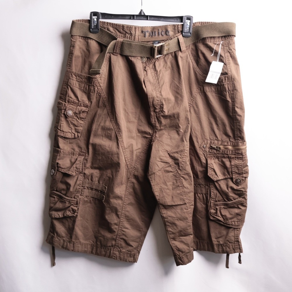 NWT Twice Mens Utility Cargo Shorts Brown 40 Belted Multi Pocket Y2K Grunge $78